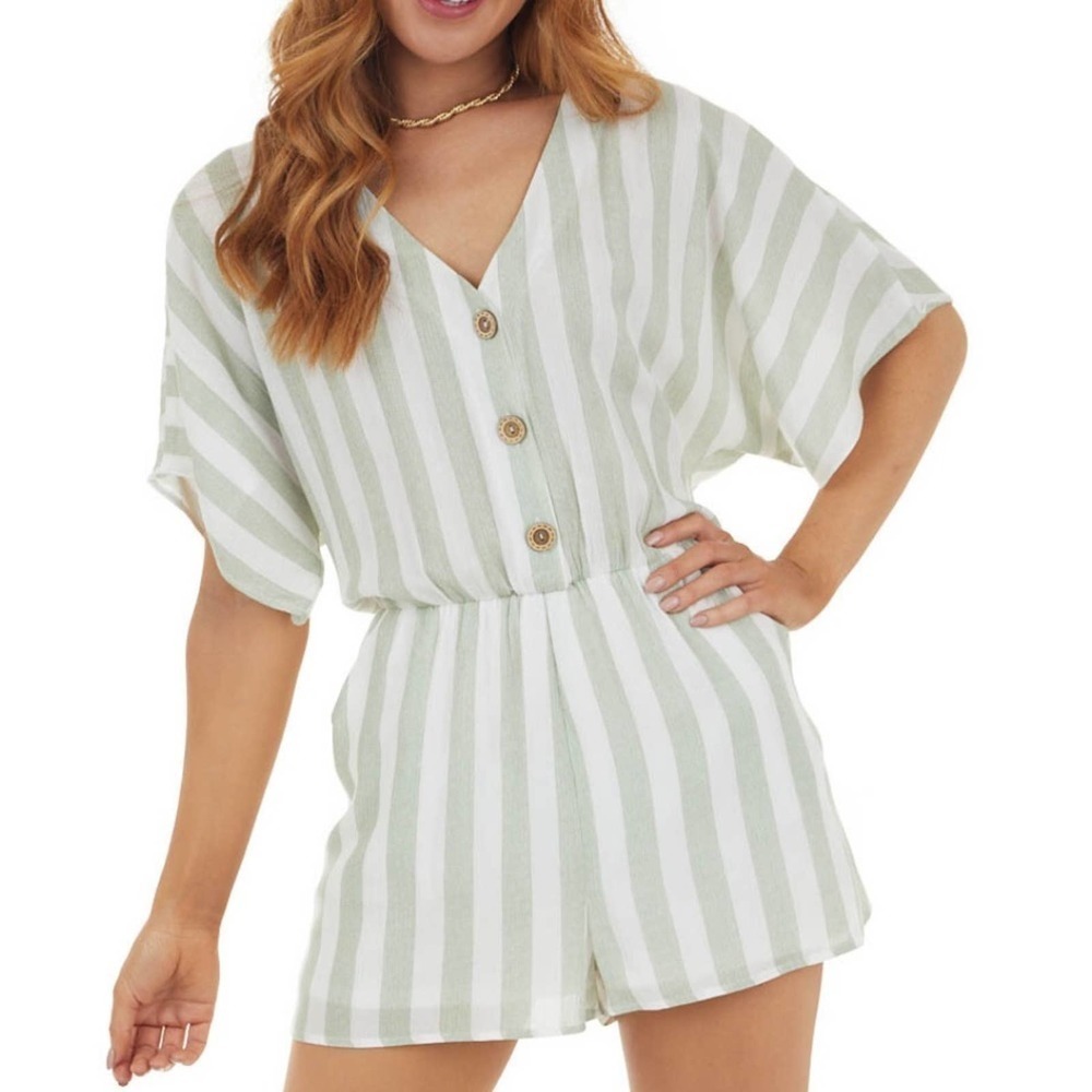 Le Lis Light green and white striped Dolman sleeve drippy romper size S NWT